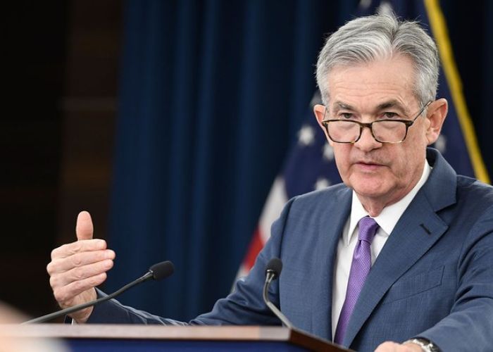 Jerome Powell, presidente del Sistema de la Reserva Federal de EU, responde en la conferencia de prensa del 31 de julio pasado (Federal Reserve)